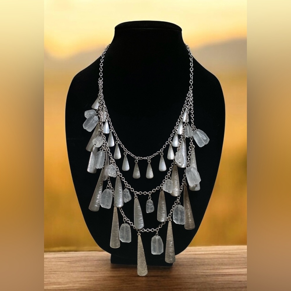 NWT-Premier Designs Sea Glass and Silver Triple Layered Necklace 24-28”- Vintage